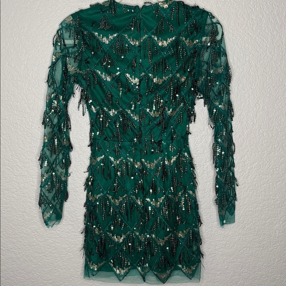 Superdown Nia Sequin Fringe Dress Dark Green Deep V Neck XXS Revolve - Picture 5 of 8